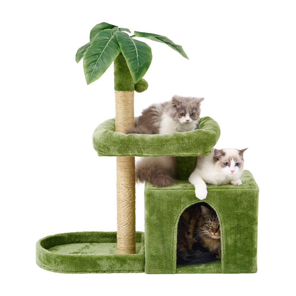 31.5" Cat Tree Cat Tower for Indoor Cats with Green Leaves, Cat Condo Cozy Plush Cat House with Hang Ball and Leaf Shape Design, Cat Furniture Pet House with Cat Scratching Posts,Beige